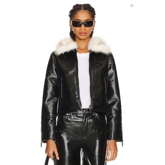 UNREAL FUR Vegan Leather Aviator Bomber Jacket Faux Fur Collar Full Zip Coat XL - Picture 12 of 15